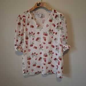 Rachel Zoe White Strawberry-Print V-Neck Puff-Sleeve Blouse